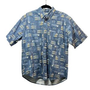 Vintage 90s Munsingwear Fishing Button Up Shirt M Blue Fly Fisherman Trout